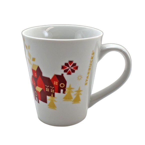 Starbucks 2013 Christmas Holiday Mug Red Gold White Village House Coffee Cup - Picture 1 of 6